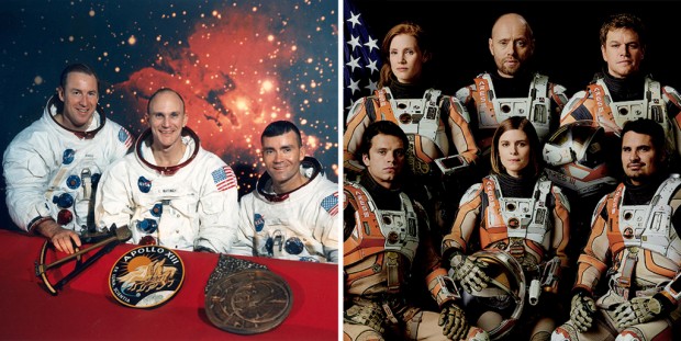 A tripulação original da Apollo 13 (Ken Mattingly, no meio, foi substituído por Jack Swigert) e da Ares 3